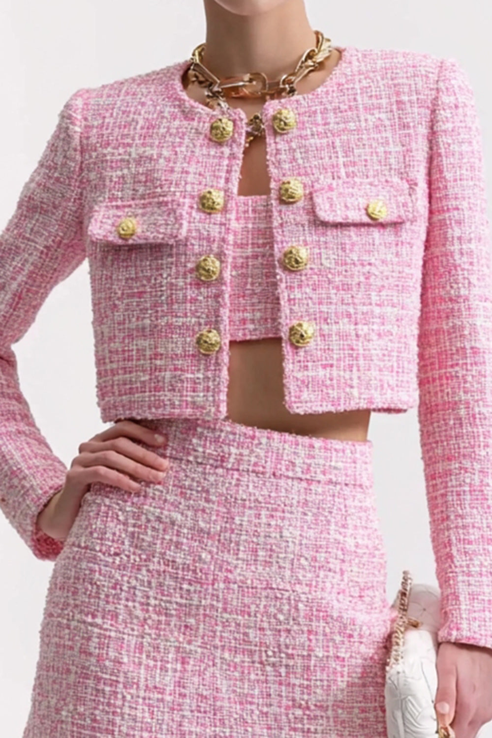 Pink 3 Piece Short Fitted Blazer Tweed Outfits with Pockets