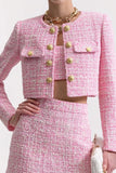 Pink 3 Piece Short Fitted Blazer Tweed Outfits with Pockets