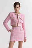 3 Piece Pink Short Blazer Tweed Outfits with Pockets