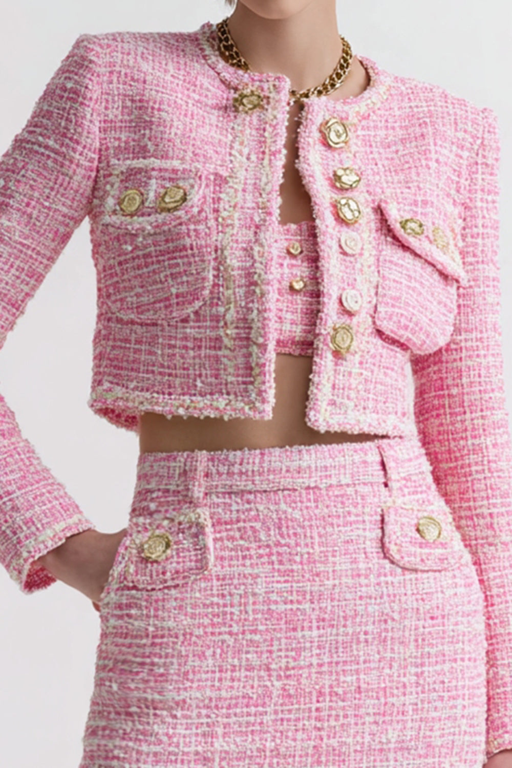 3 Piece Pink Short Blazer Tweed Outfits with Pockets