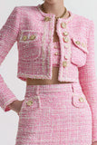 3 Piece Pink Short Blazer Tweed Outfits with Pockets