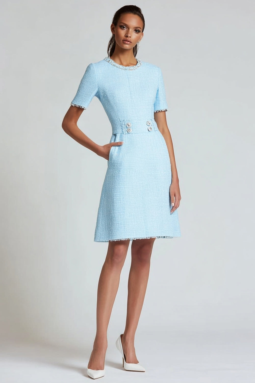 Blue A Line Round Neck Short Sleeves Tweed Dress with Pockets