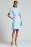 Blue A Line Round Neck Short Sleeves Tweed Dress with Pockets