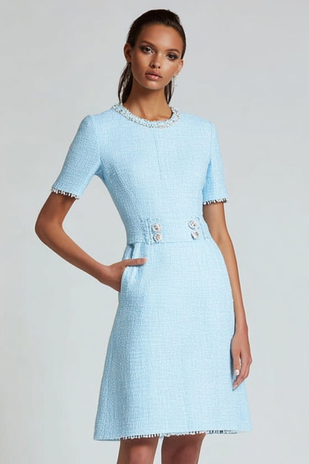 Blue A Line Round Neck Short Sleeves Tweed Dress with Pockets