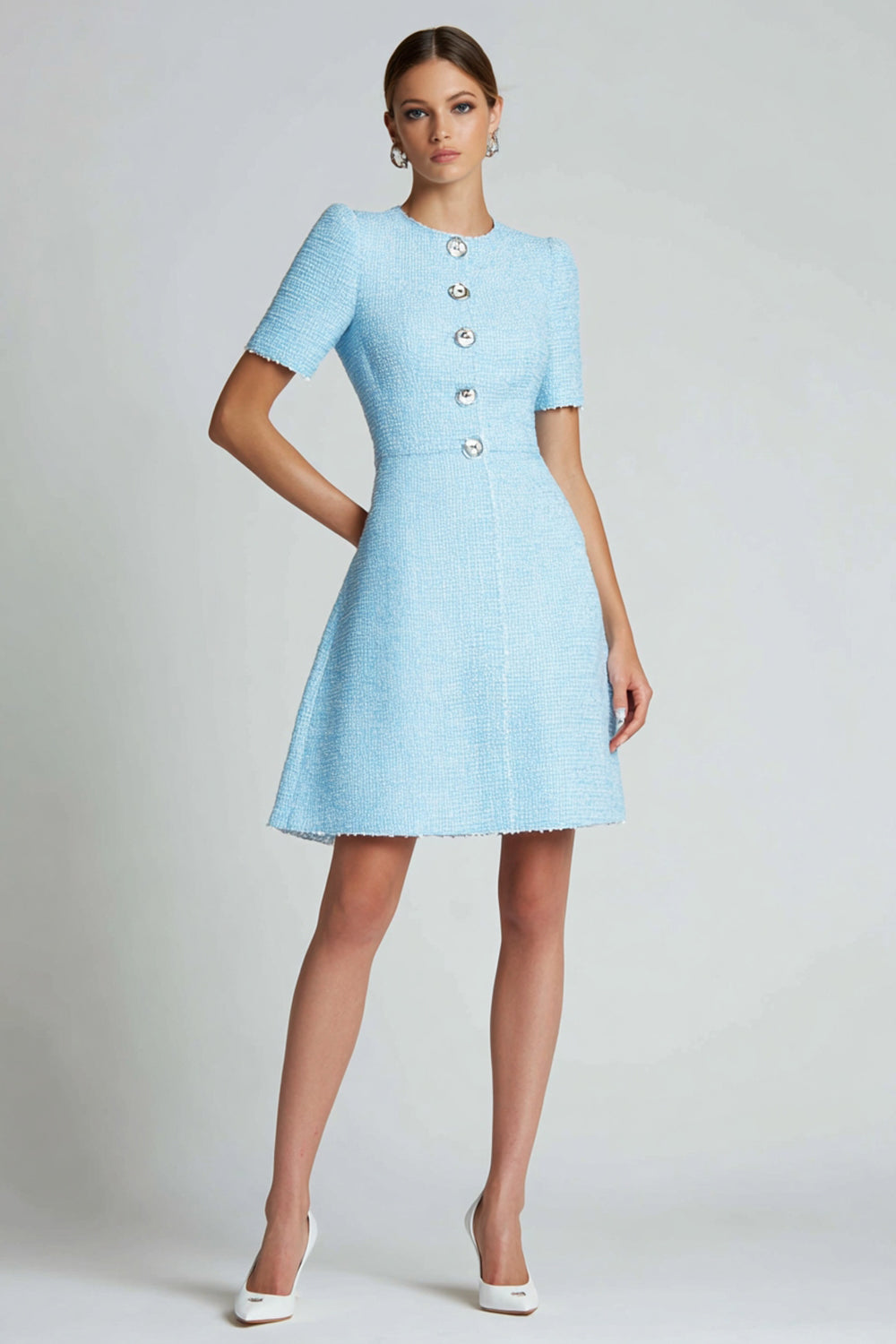 Blue Round Neck A Line Buttons Short Tweed Dress with Sleeves