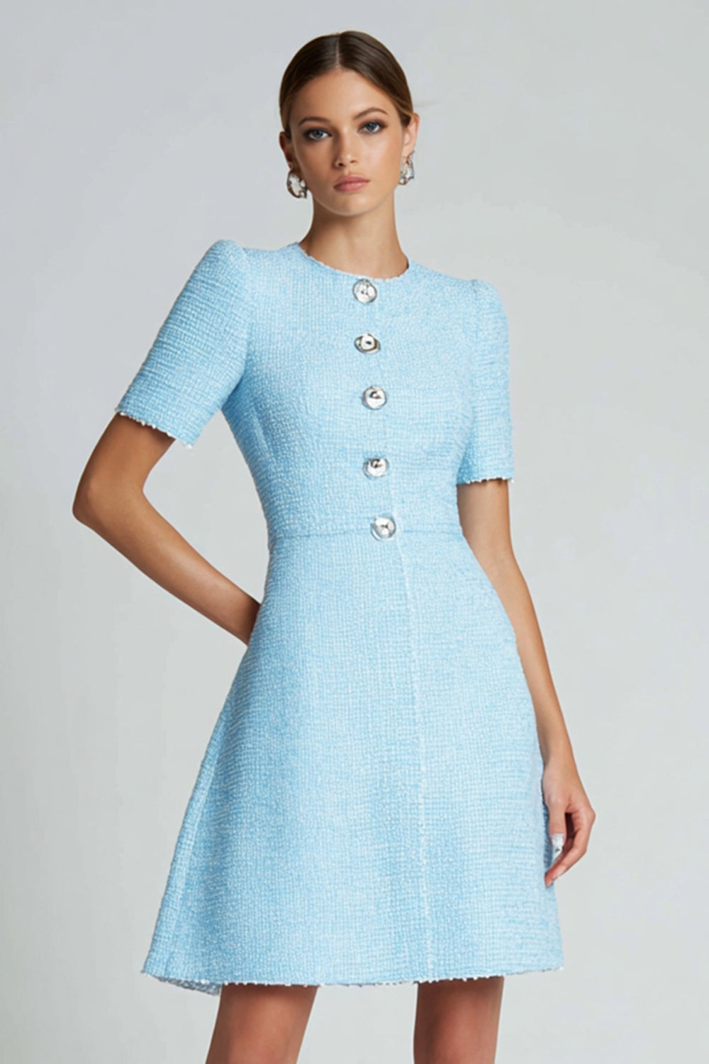Blue Round Neck A Line Buttons Short Tweed Dress with Sleeves