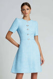 Blue Round Neck A Line Buttons Short Tweed Dress with Sleeves