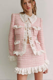 Pink Lapel 2 Piece Short Blazer Tweed Outfits with Ruffles