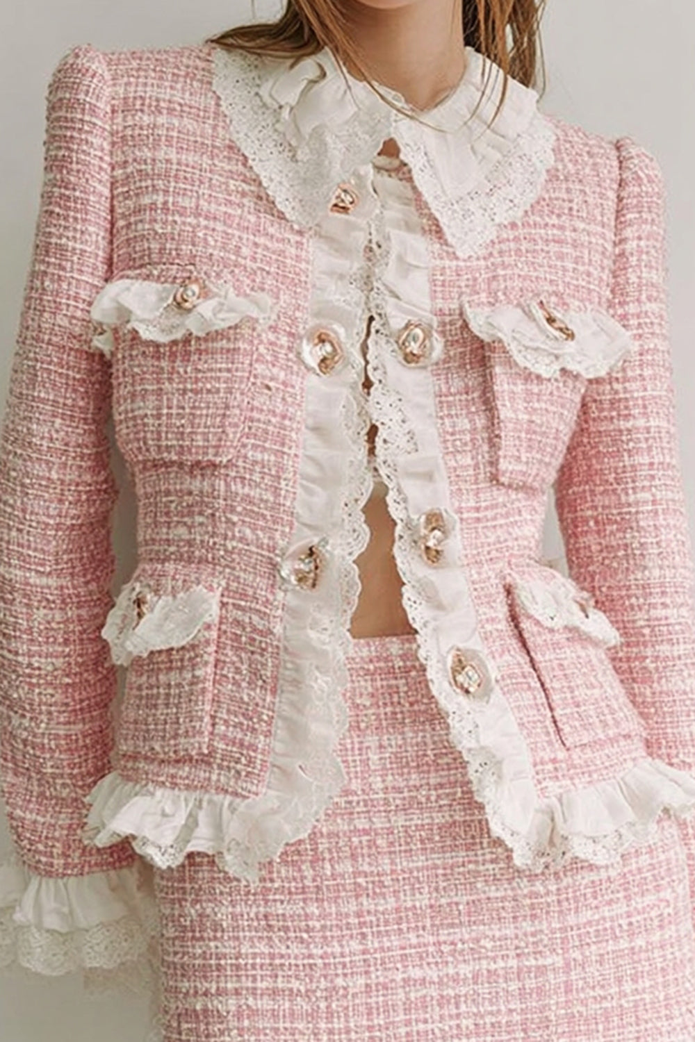 Pink Lapel 2 Piece Short Blazer Tweed Outfits with Ruffles