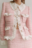 Pink Lapel 2 Piece Short Blazer Tweed Outfits with Ruffles
