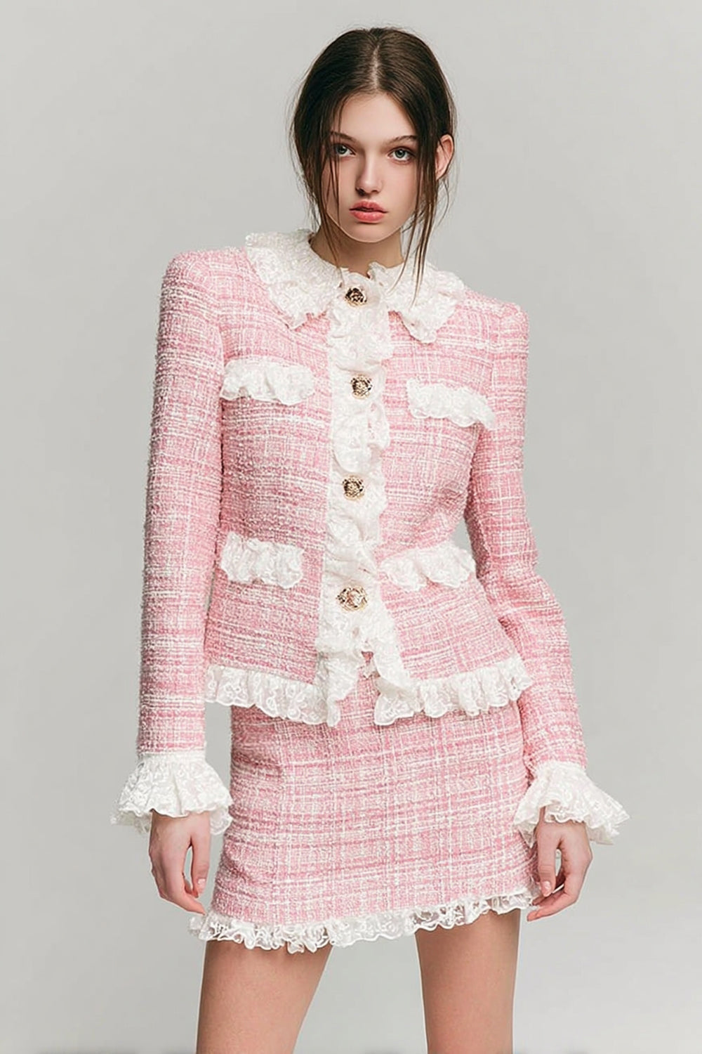 Pink 2 Piece Blazer Short Tweed Outfits with Lace