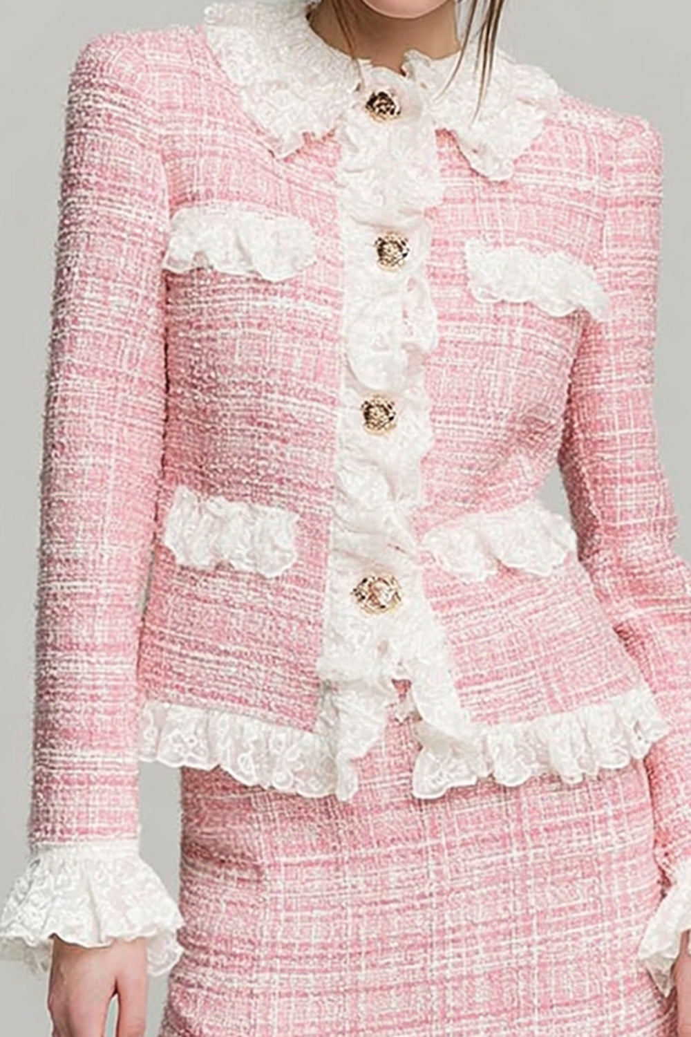 Pink 2 Piece Blazer Short Tweed Outfits with Lace