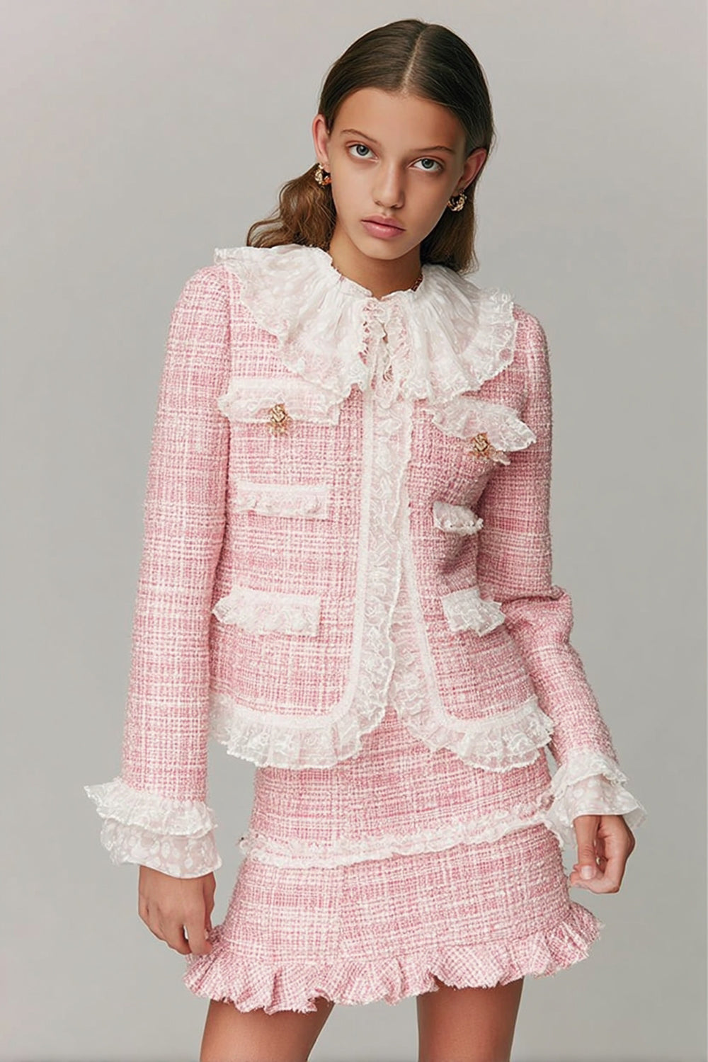 Pink 2 Piece Ruffled Blazer Short Tweed Outfits with Lace