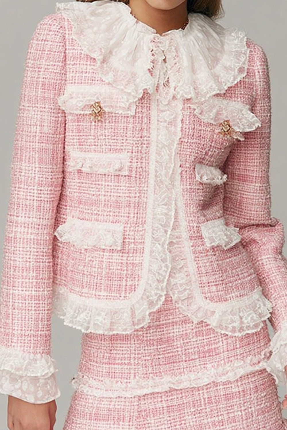 Pink 2 Piece Ruffled Blazer Short Tweed Outfits with Lace