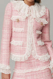 Pink 2 Piece Ruffled Blazer Short Tweed Outfits with Lace