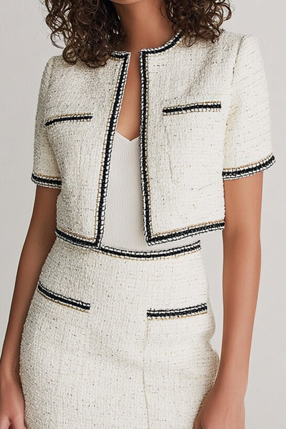 White 2 Piece Blazer Short Tweed Outfits with Pockets