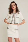 White 2 Piece Fitted Blazer Short Tweed Outfits with Pockets