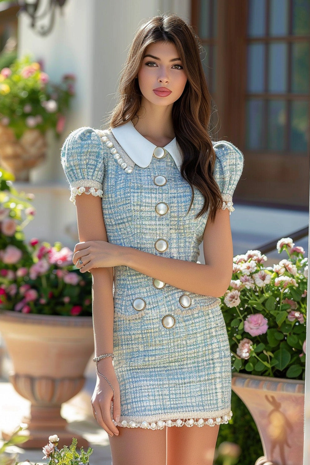 Blue Tweed Pearls Bodycon Short Tweed Dress with Buttons