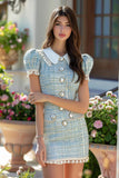 Blue Tweed Pearls Bodycon Short Tweed Dress with Buttons