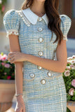 Blue Tweed Pearls Bodycon Short Tweed Dress with Buttons
