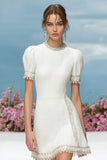 White Round Neck Short Tweed Dress with Appliques