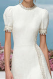 White Round Neck Short Tweed Dress with Appliques