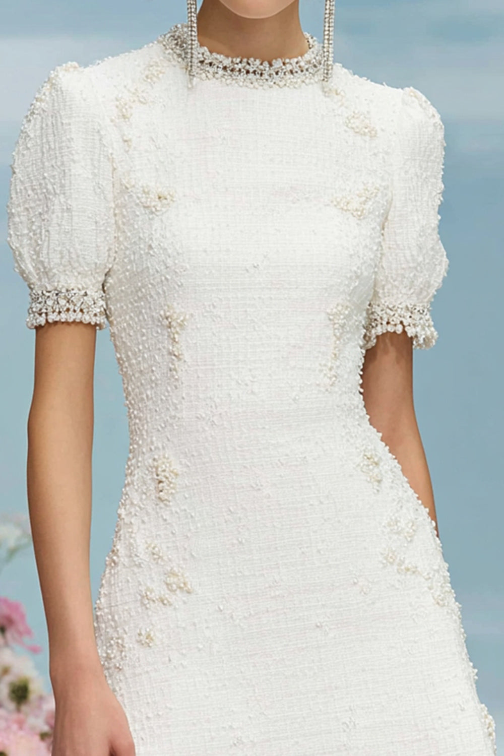 White Round Neck Short Tweed Dress with Sleeves