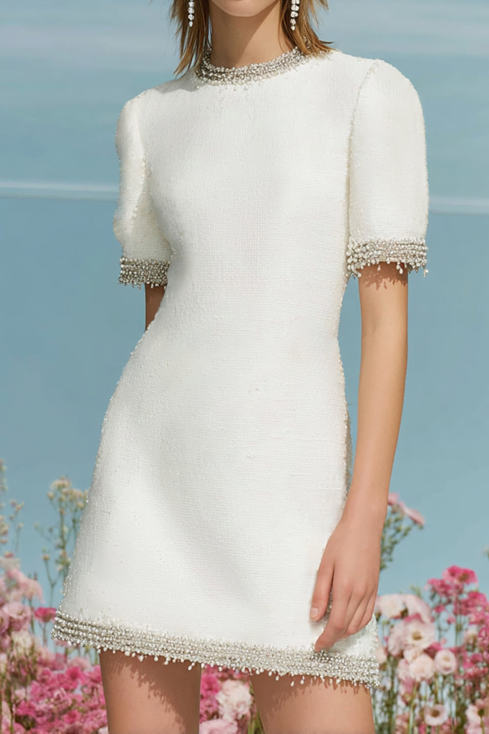 White Round Neck Short Sleeves Tweed Dress