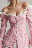 Pink 2 Piece Off the Shoulder Short Blazer Tweed Outfits with Sleeves