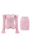 Pink Off the Shoulder 2 Piece Tweed Pencil Night Date Outfits