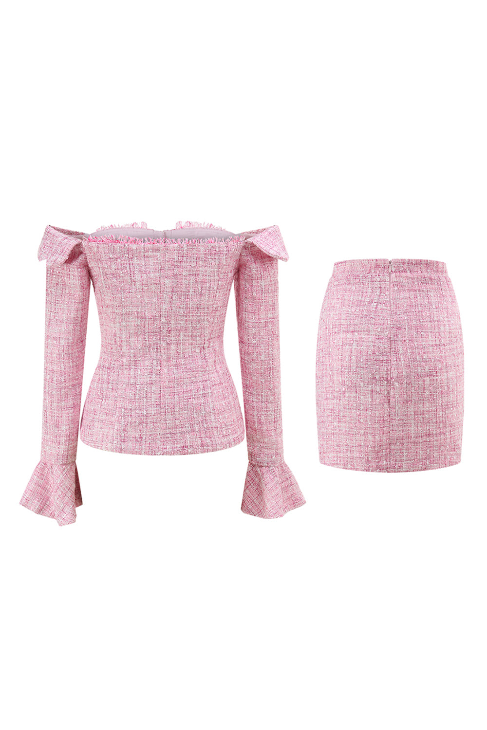 Pink Off the Shoulder 2 Piece Tweed Pencil Night Date Outfits