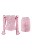 Pink Off the Shoulder 2 Piece Tweed Pencil Night Date Outfits