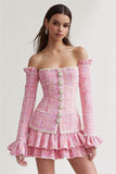 Pink 2 Piece Tiered Short Blazer Tweed Outfits with Ruffles