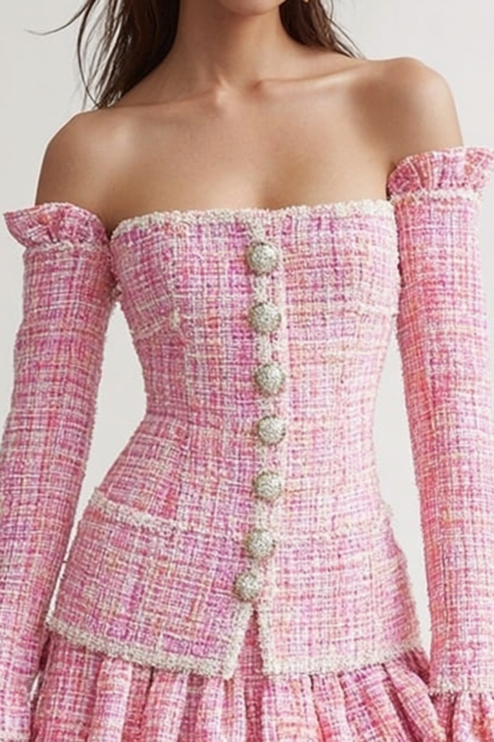 Pink 2 Piece Tiered Short Blazer Tweed Outfits with Ruffles