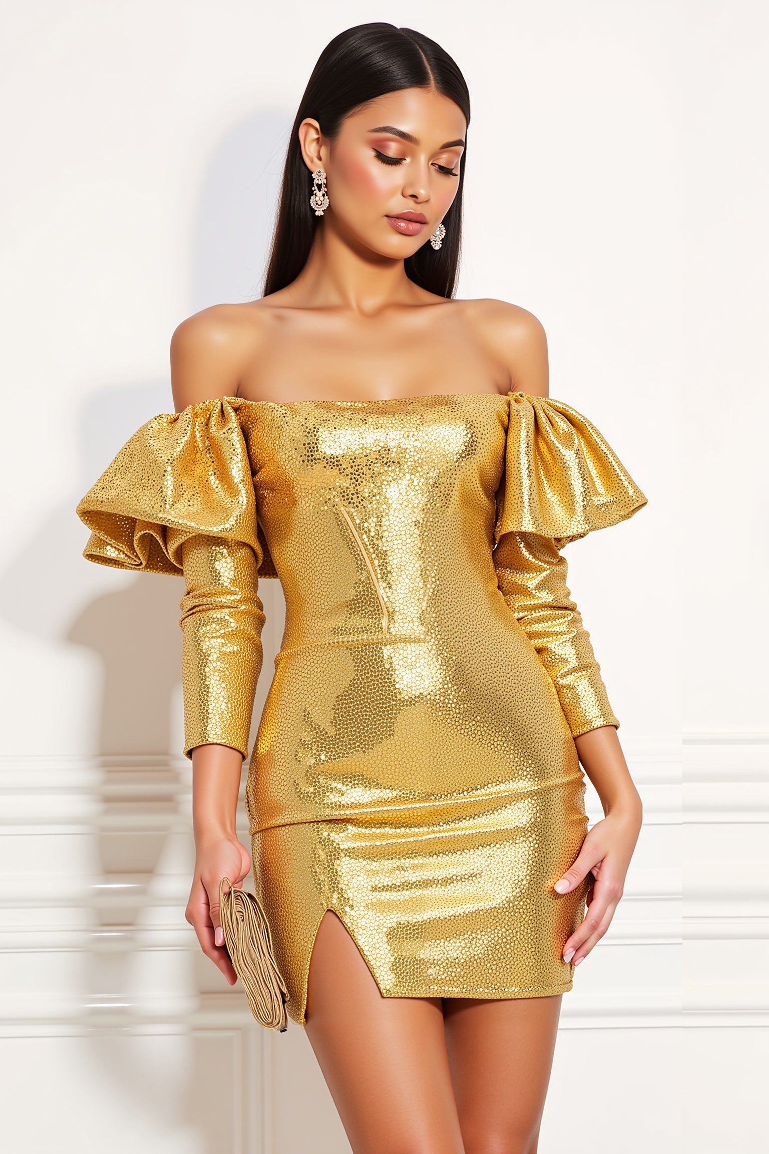 Sparkly Golden Metallic Tight Short Cocktail Dress with Ruffles