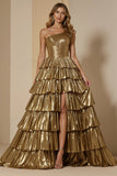 Tiered Golden Metallic One Shoulder Ruffled Maxi Prom Dress with Slit