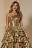 Tiered Golden Metallic One Shoulder Ruffled Maxi Prom Dress with Slit