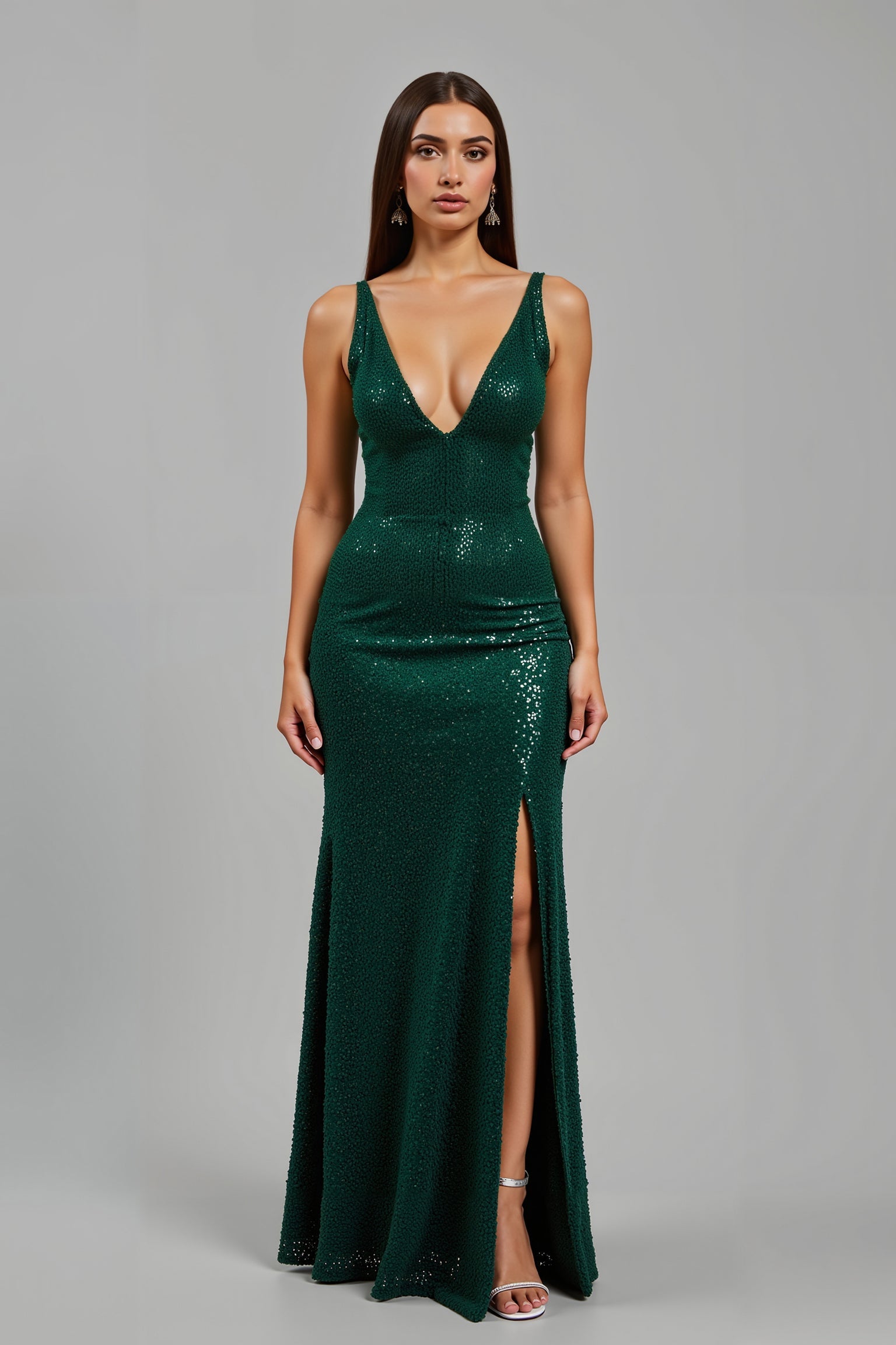 Sparkly Dark Green Sheath V-Neck Sequins Maxi Holiday Party Dress with Slit
