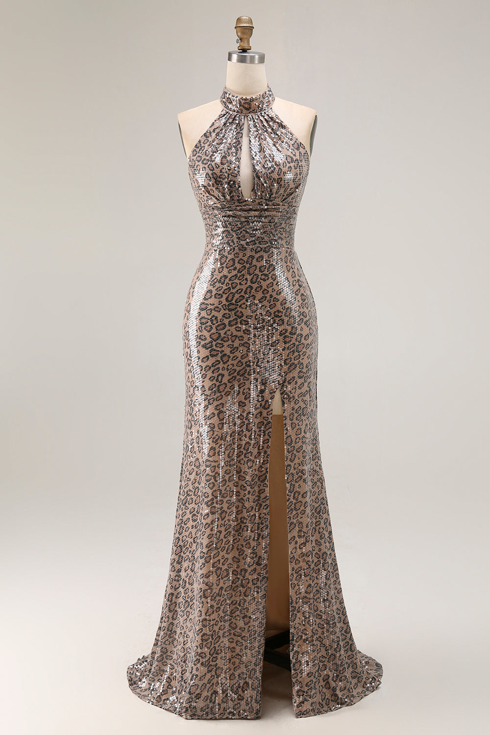 Golden Leopard Sparkly Sequined Mermaid Maxi Holiday Party Dress with Slit
