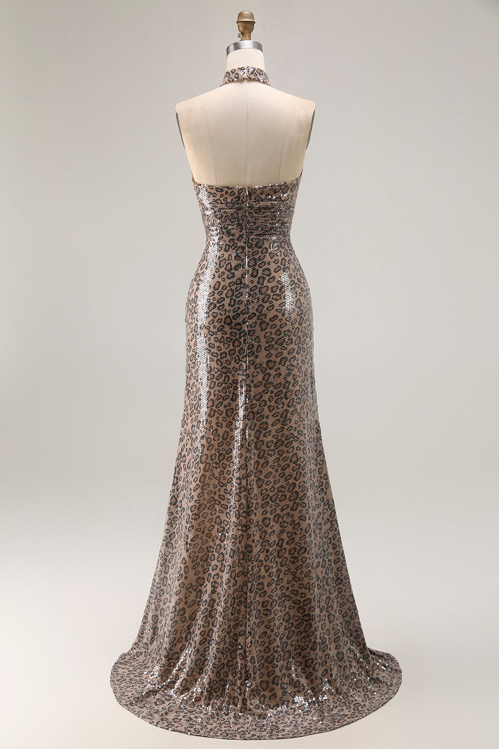 Golden Leopard Sparkly Sequined Mermaid Maxi Holiday Party Dress with Slit
