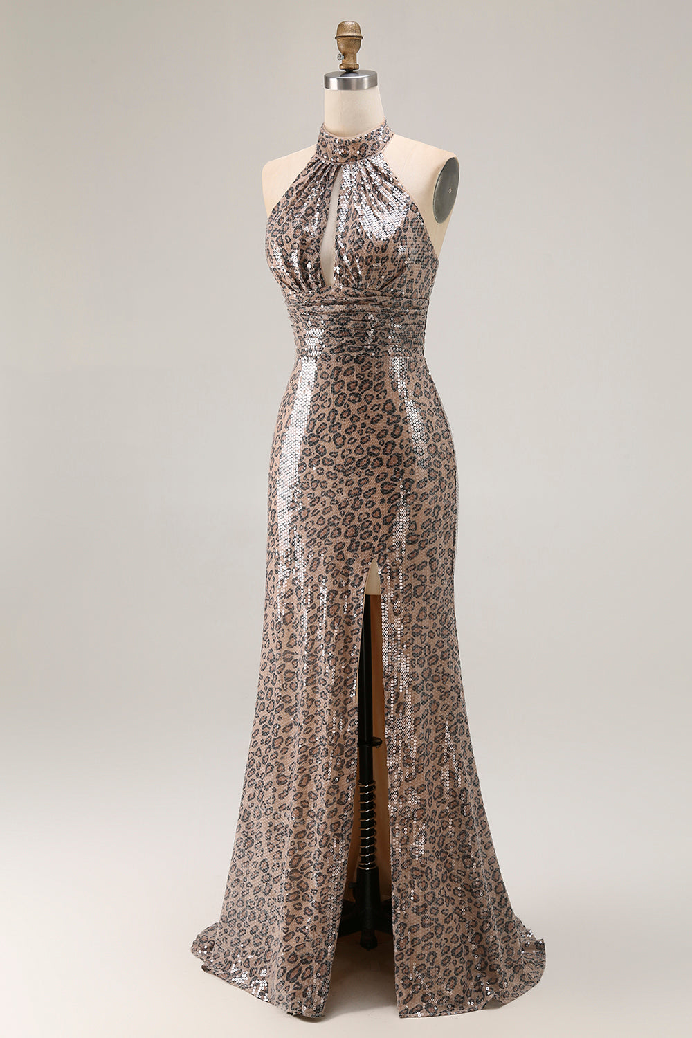 Golden Leopard Sparkly Sequined Mermaid Maxi Holiday Party Dress with Slit