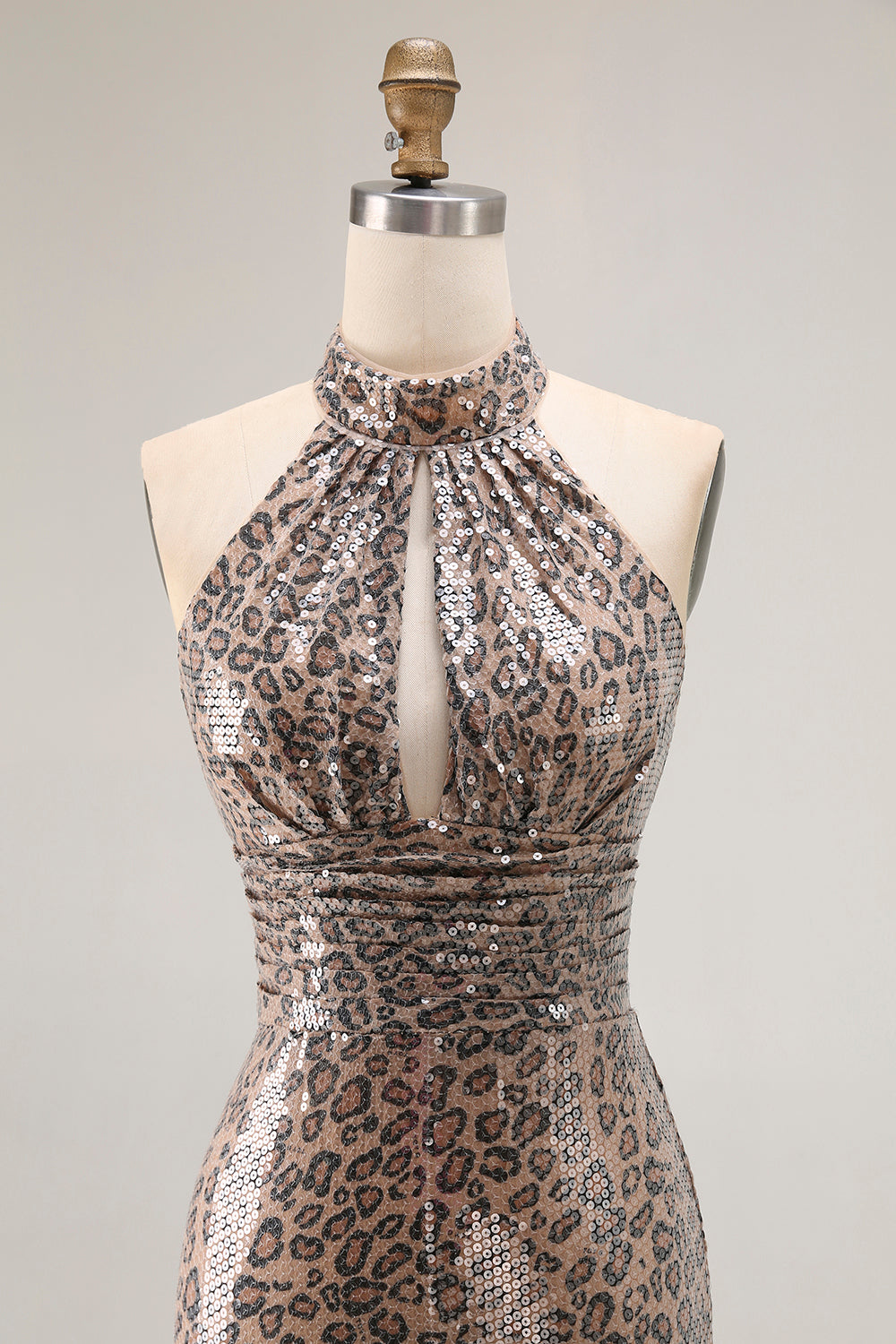Golden Leopard Sparkly Sequined Mermaid Maxi Holiday Party Dress with Slit