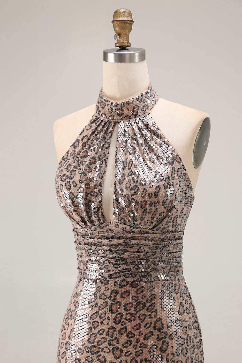 Golden Leopard Sparkly Sequined Mermaid Maxi Holiday Party Dress with Slit