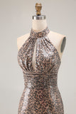 Golden Leopard Sparkly Sequined Mermaid Maxi Holiday Party Dress with Slit