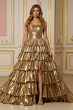 Strapless Golden Metallic A Line Tiered Long Prom Dress with Slit