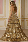 Strapless Golden Metallic A Line Tiered Long Prom Dress with Slit