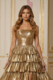 Strapless Golden Metallic A Line Tiered Long Prom Dress with Slit