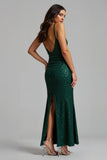 Sparkly Long Dark Green Sheath Holiday Party Dress with Slit
