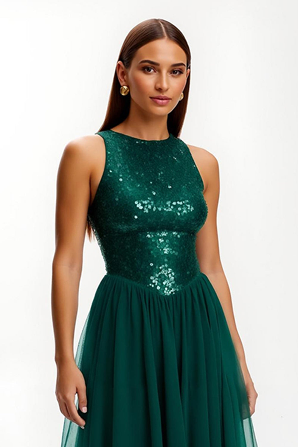 Sparkly Dark Green Round Neck A Line Long Holiday Party Dress with Sequins