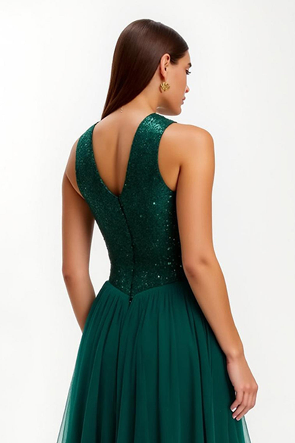 Sparkly Dark Green Round Neck A Line Long Holiday Party Dress with Sequins